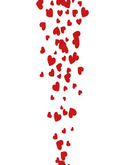 A cascade of scattered red heart shapes against a white background