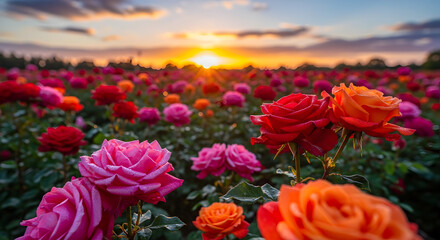 Vibrant Roses Blooming in Serene Field at Breathtaking Sunset with Blue Sky