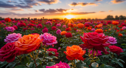 Vibrant Roses Blooming in Serene Field at Breathtaking Sunset with Blue Sky