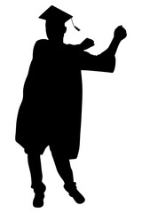 Silhouette of dancing graduate student with graduation cap celebrating education success. Vector illustration.