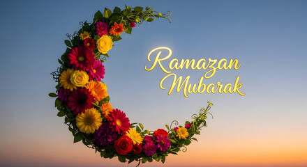 Beautiful Floral Crescent Moon with Colorful Flowers and Green Leaves at Golden Sunset Sky