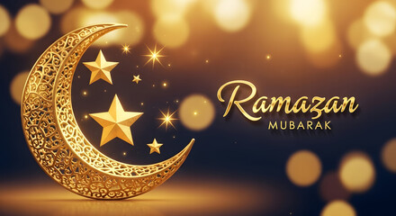 Golden Crescent Moon and Stars on Dark Bokeh Background &ndash; Elegant Ramazan Mubarak Greeting Concept