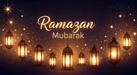 Golden Crescent Moon and Stars on Dark Bokeh Background &ndash; Elegant Ramazan Mubarak Greeting Concept