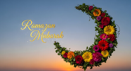 Beautiful Floral Crescent Moon with Colorful Flowers and Green Leaves at Golden Sunset Sky