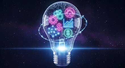 Glowing Blue Lightbulb with Business and Technology Icons &ndash; Innovation and Digital Solution Concept on Dark Background