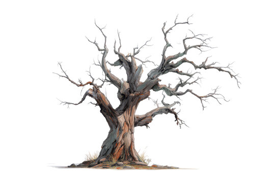 Gnarled ancient dead tree with twisted branches isolated on transparent background. Old gnarled dead tree isolated on white background.