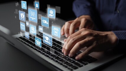 Obraz premium Omni-channel marketing and online shopping strategies, cross-platform customer experience, brand unification, and integrated marketing communication across digital channels. Funnel