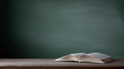 open book on wooden desk in front of green chalkboard