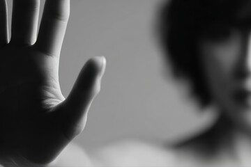 Asian woman raising hand to stop violence against women, black and white tone, campaign awareness with copy space