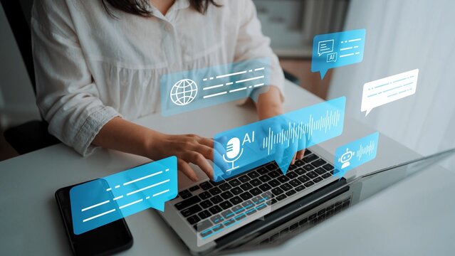 Young adult engaging with artificial intelligence technology on laptop at home, digital communication and smart interface concepts Gluon.