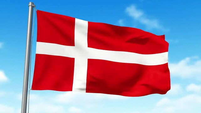 Observe the vibrant Danish flag, gracefully waving against a bright blue sky with wispy clouds. This national symbol showcases its distinct red and white Nordic cross design.