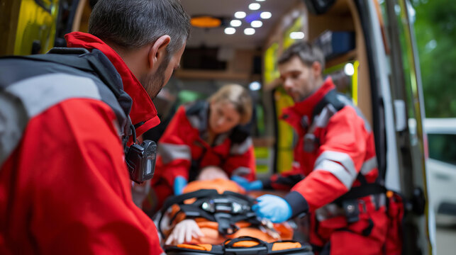 Faceless paramedics providing medical care inside ambulance, emergency medical services, mobile healthcare delivery, patient treatment in transit, rescue operations, paramedic