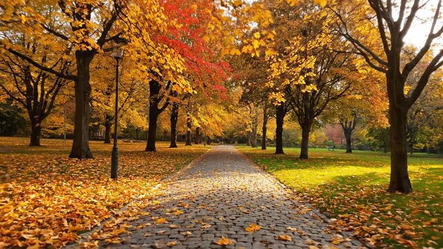A cobblestone path through a park lined by trees in vibrant autumn hues