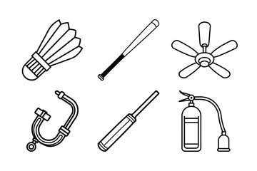 Minimalist Line Art Icon Set of Sports Gear, Home Appliances, and Tools Including Shuttlecock, Baseball Bat, Fan, and Fire Extinguisher - Scalable and Editable Vector Illustration
