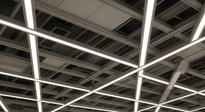 Artistic view of building roof frame installation with long neon light systems that cross each.