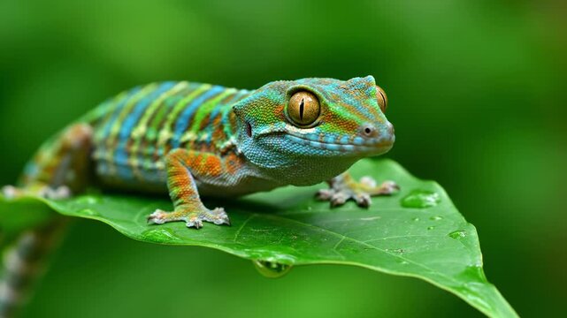A colorful lizard perches on a vibrant green leaf, captured with precision