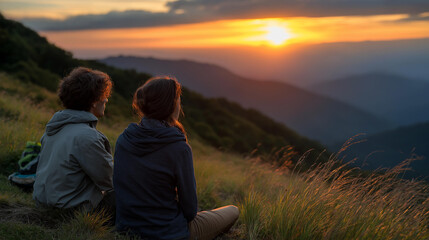 Faceless two hikers seated on grass, defocused admiring breathtaking sunset over mountains, tranquility moment, nature connection creating, mountain contemplation, with copy space