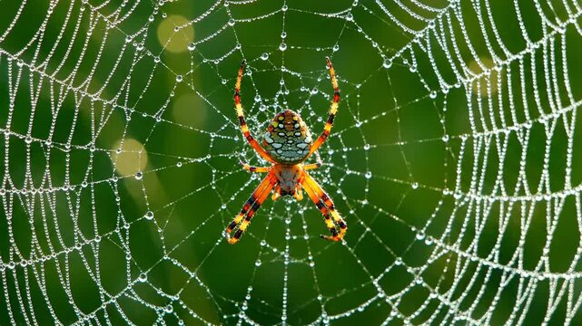 A colorful spider sits in its dew-covered web. Green bokeh