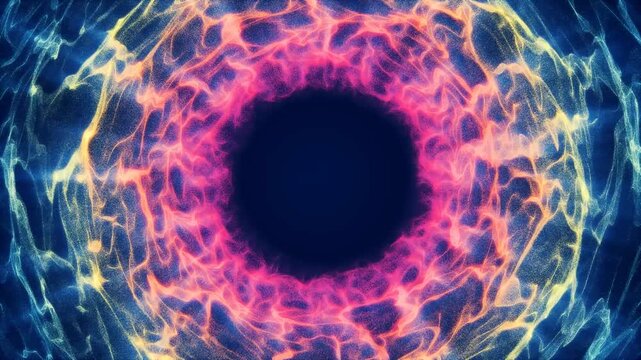 Tricolor Animated Rotating Neon Flame Ring with Particles, Starry Background. Magical Portal, Glowing Logo Frame, Moving Eye Iris, Energy Circle, Fiery Gateway to Cosmos. 4K for Ads, Promotions, Tech