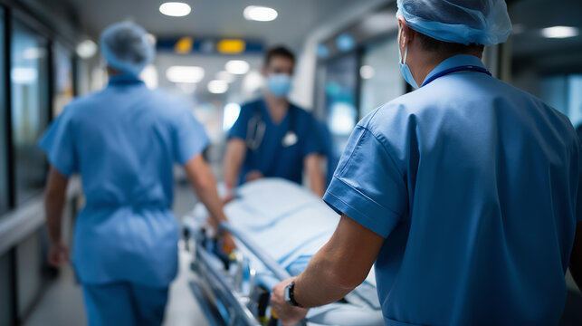 Faceless doctors in blue scrubs rushing patient through emergency room for surgery, urgent medical transport, critical care response, operating room preparation, emergency