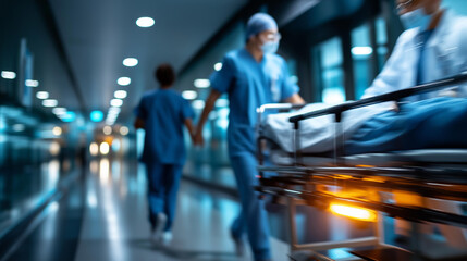 Defocused blurred motion of faceless people in scrubs rushing with patient on gurney through blue-lit hospital hallway, conveying sense of urgency and emergency, critical care