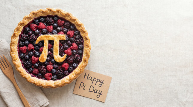 Top view flat lay of a golden-brown berry pie with a mathematical Pi symbol baked into the crust. Pi day background with copy space