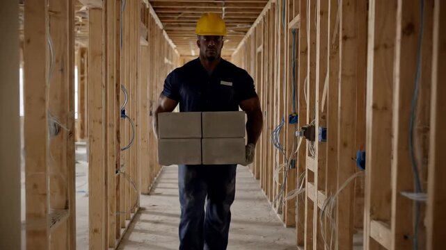 A construction worker walks through a partially built hallway