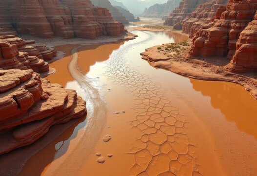 Vivid Dry Wadi Riverbed Creative Sand Patterns in Arid Region Overhead Photography