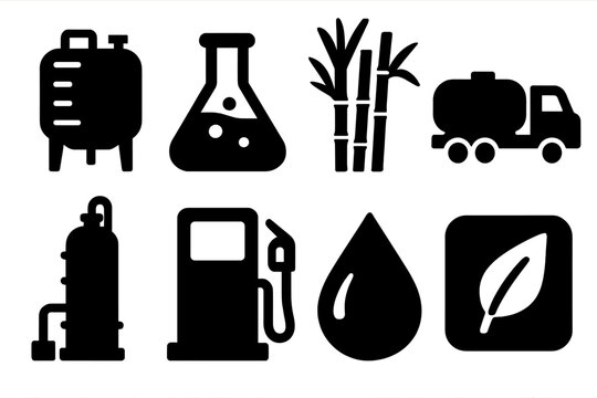 Biofuel Icons Set. Biofuel Production silhouette set: fermentation tank, ethanol flask, sugarcane, truck transport, refinery tower, fuel pump, droplet icon, biofuel label