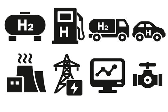 Hydrogen Tech Icons. Hydrogen Infrastructure silhouette set: storage tank, fueling station, transport truck, hydrogen car, power plant, grid connection, monitoring screen, valve