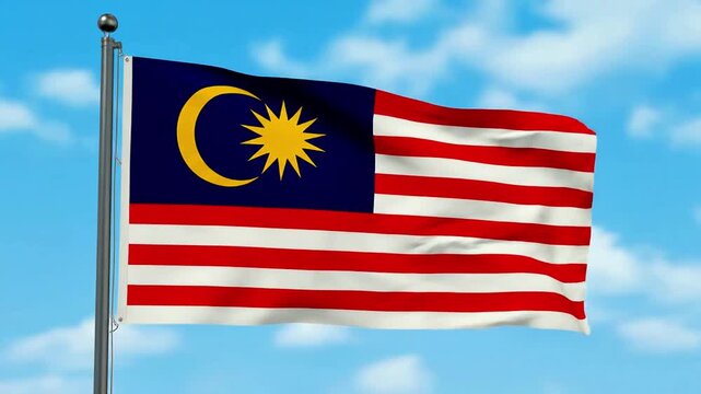 Observe Malaysia's national banner gracefully fluttering against a clear azure sky. This vibrant emblem showcases its rich heritage, reflecting national pride and unity beautifully