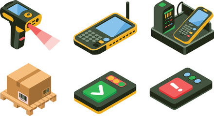 Warehouse logistics equipment, barcode scanner, handheld device, docking station, pallet box, approval device, alert control, supply chain management illustration ©  Miller
