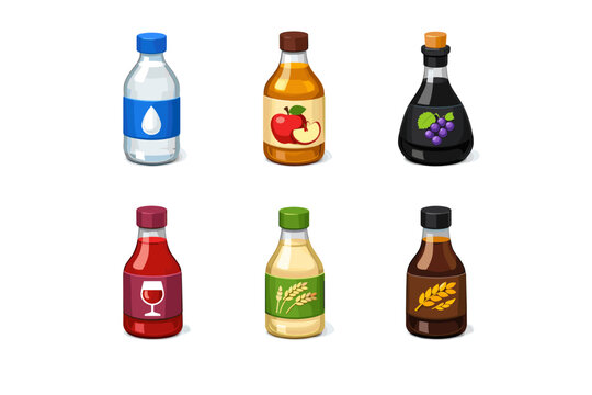 Collection of six different types of vinegar bottles with labels on white background