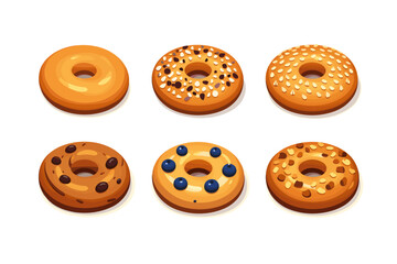 Fototapeta premium Assortment of six delicious bagels with various toppings, presented in a clean illustration