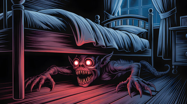 A scary monster under the bed with glowing eyes is a horror illustration.