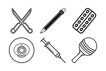 Minimalist Line Art Icon Set of Diverse Objects Including Scissors, Syringe, Pills, Pen, Security Camera, and Table Tennis Paddle - Scalable and Editable Vector Illustration
