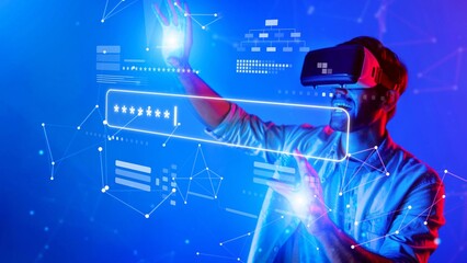 Immersive Virtual Reality Experience with User Interacting with Digital Interface and Data...