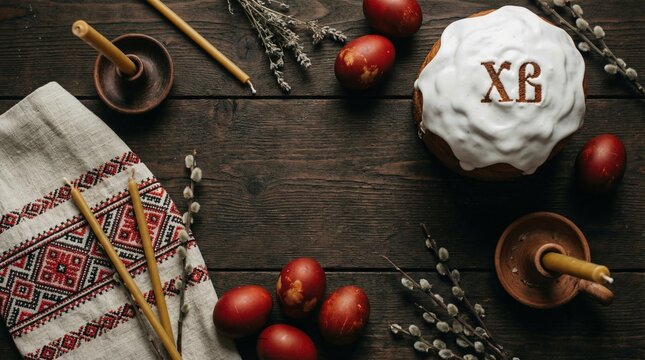 Orthodox Easter table with embroidered linen, red eggs, cinnamon sticks, pussy willow twigs, and a kulich loaf bearing the Christ is Risen XB inscription on a rustic wooden surface