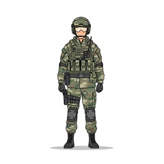 Modern Soldier in Camouflage Uniform, Tactical Gear, Helmet, and Goggles