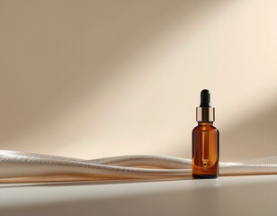 a professional amber glass dropper bottle on a smooth, beige surface with soft fabric waves and elegant warm lighting in a minimalist studio setting, copy space