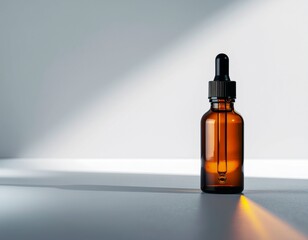 ​a professional amber glass dropper bottle on a clean, white studio surface with a dramatic sharp shadow and a warm orange light refraction