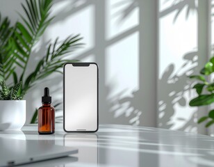 ​a sleek smartphone mockup with a blank white screen standing on a white desk next to an amber glass dropper bottle and lush green plants in a bright, sunlit room