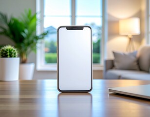 A front-facing smartphone mockup with a blank white screen placed on a wooden desk in a bright, modern living room or home office with a blurred sofa and plants