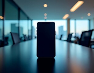 a sleek smartphone mockup with a blank black screen standing vertically on a dark conference table in a modern, blurred office interior