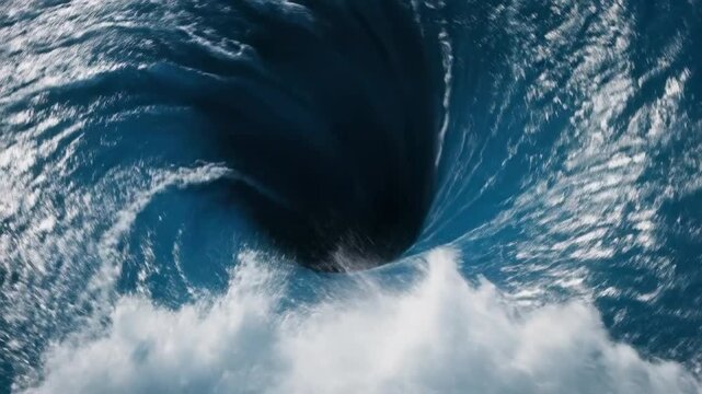 Powerful blue ocean whirlpool vortex with turbulent waves, suitable for environmental themes, natural disaster concepts, abstract backgrounds, and power metaphors.