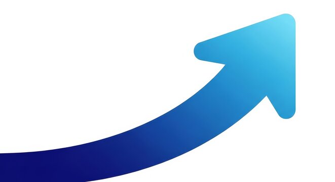 A curved blue gradient arrow sweeps upward, illustrating growth and positive trend against a stark white backdrop.