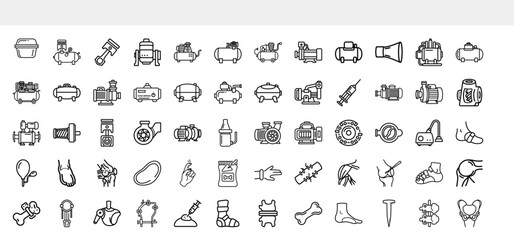 A collection of various black and white line art icons depicts diverse objects including vehicles tools electronics and household items high quality professional detailed modern