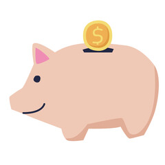A cheerful pink piggy bank with a coin on top for saving 42 dollars. © Dankok