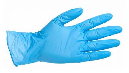 "Blue disposable glove with palm facing forward"