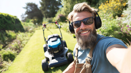 Fototapeta premium Bearded man wearing sunglasses and ear protection smiling at camera, with a lawnmower and freshly cut grass in the background